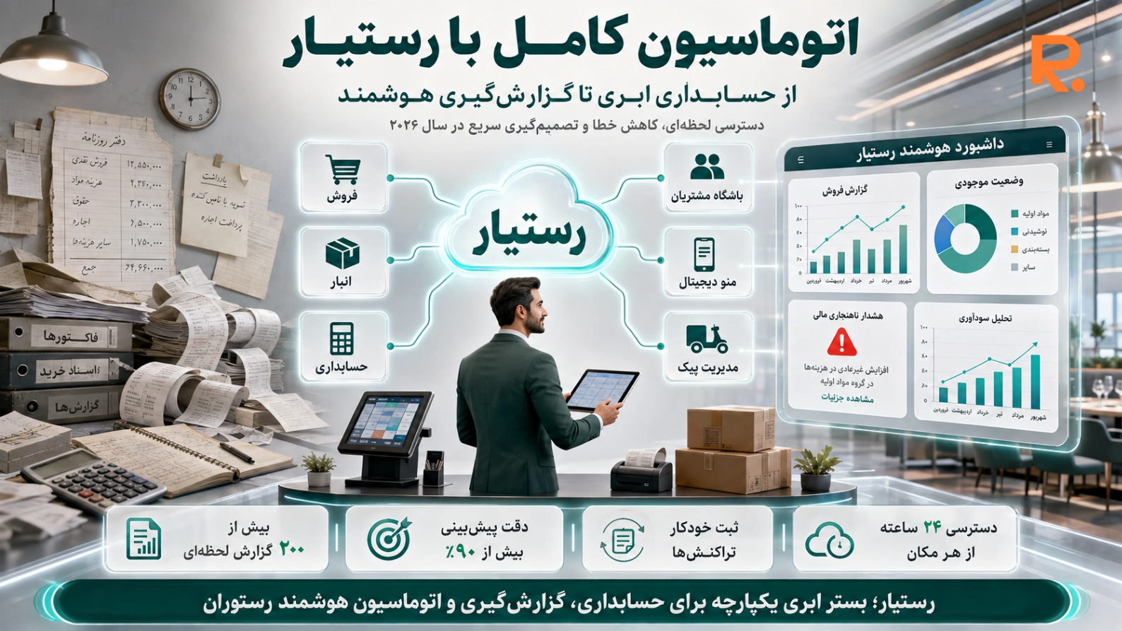 اتوماسیون کامل رستوران با حسابداری ابری و گزارش‌گیری هوشمند هوش مصنوعی در رستیار